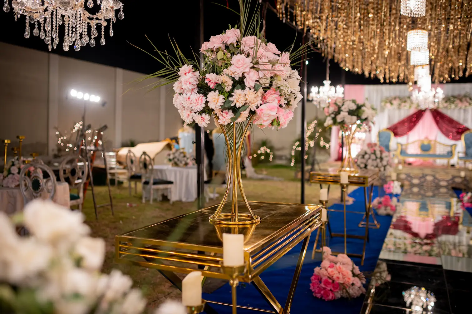 Close-up detail of floral arrangement for wedding backdrop
